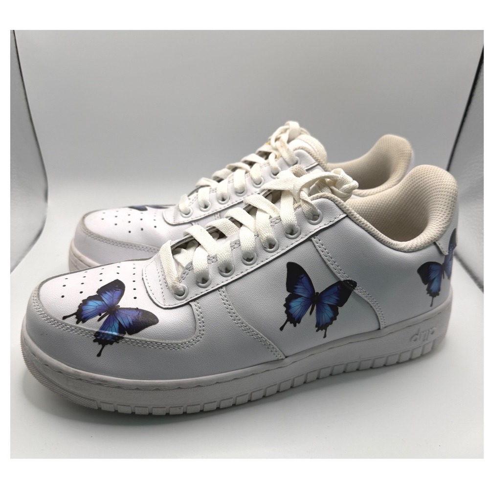 Drip Creationz Sneakers Womens 9.5 White Good Blue Butterfly Low Top Shoes